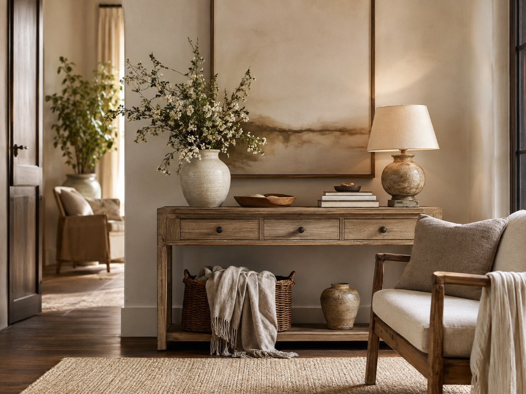Warm staged entryway with console table, florals and soft natural light