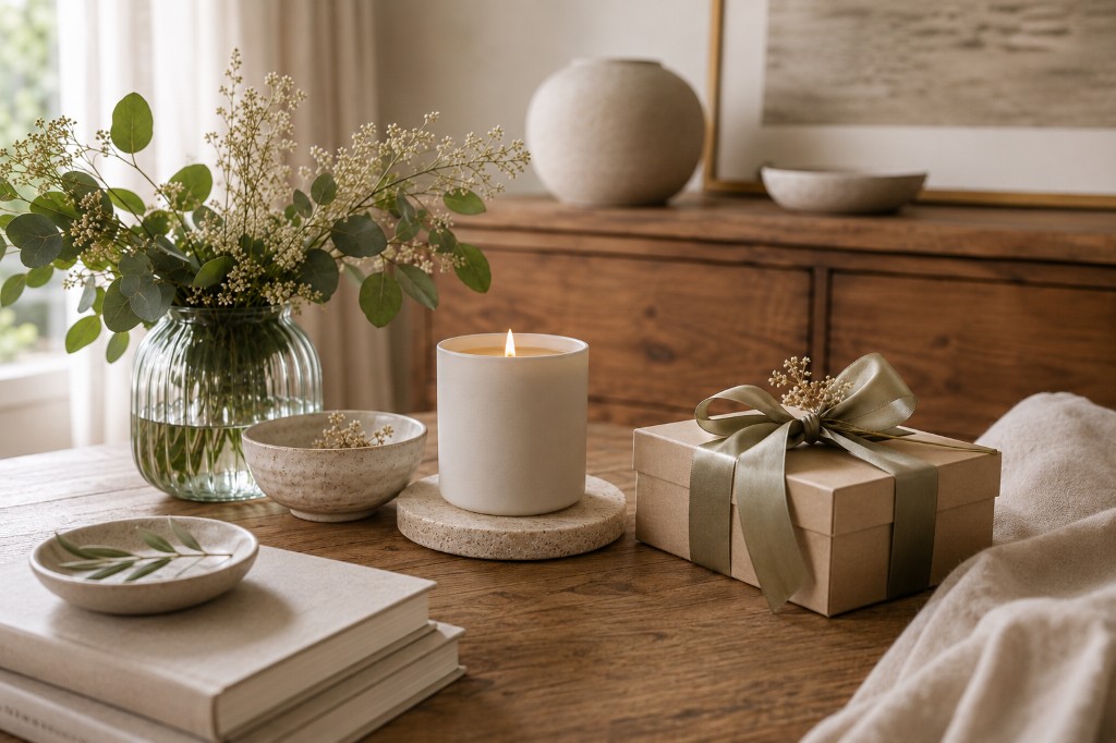Candle, flowers and curated gift box styled in a warm neutral interior