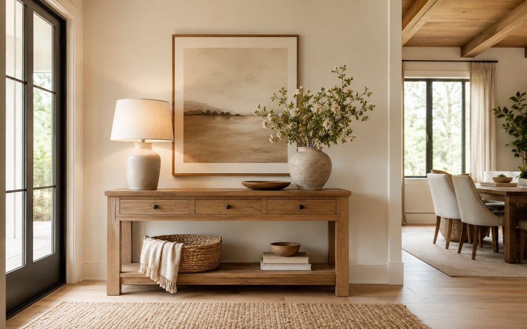 Styled entryway and dining area with warm neutral furnishings prepared for property marketing