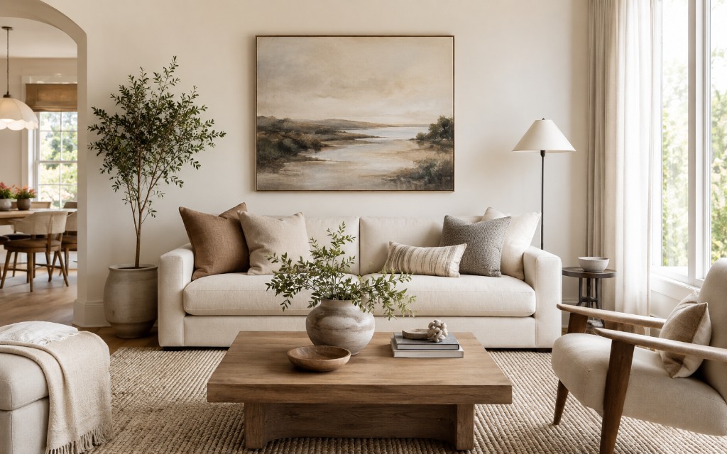 Warm neutral living room professionally styled for an Auckland property listing